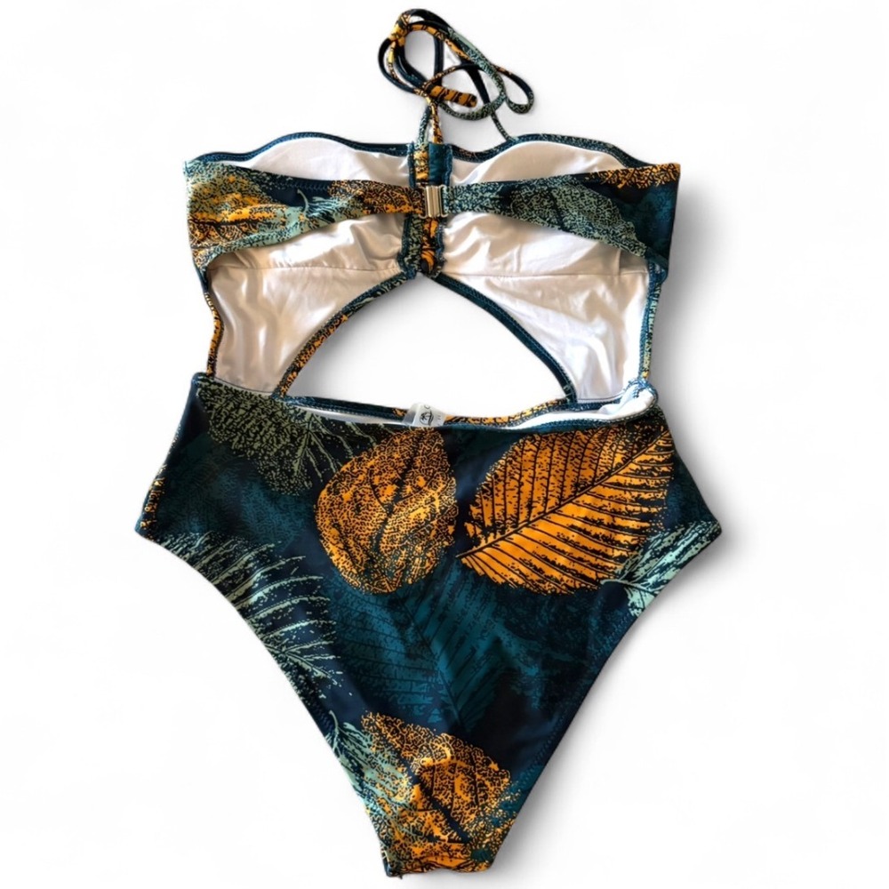 Cupshe One Piece Swimsuit Womens M Green and Golden Leaves Cutout - Picture 2 of 7